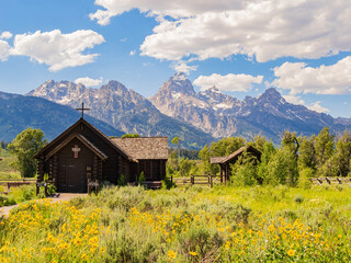 Sunny exterior view of the Chapel of the Transfiguration of Grand Teton National Park
