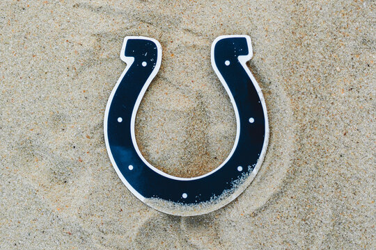 September 15, 2021, Moscow, Russia. The Emblem Of The Indianapolis Colts Football Club On The Sand Of The Beach.