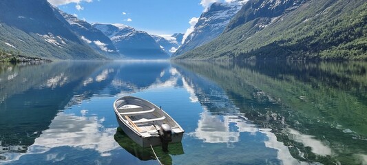 Panorama view of a white boat in Loenvatnet Lake, Norway