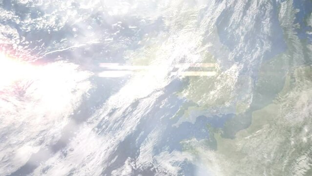 Earth zoom in from outer space to city. Zooming on Waterford, Ireland. The animation continues by zoom out through clouds and atmosphere into space. Images from NASA
