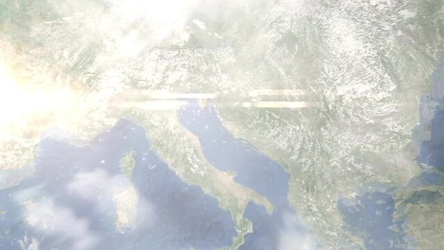 Earth zoom in from outer space to city. Zooming on Zadar, Croatia. The animation continues by zoom out through clouds and atmosphere into space. Images from NASA