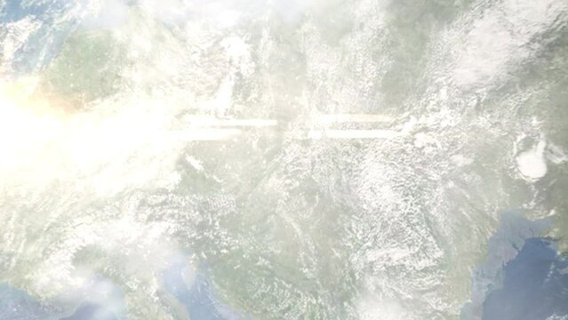 Earth zoom in from outer space to city. Zooming on Zilina, Slovakia. The animation continues by zoom out through clouds and atmosphere into space. Images from NASA