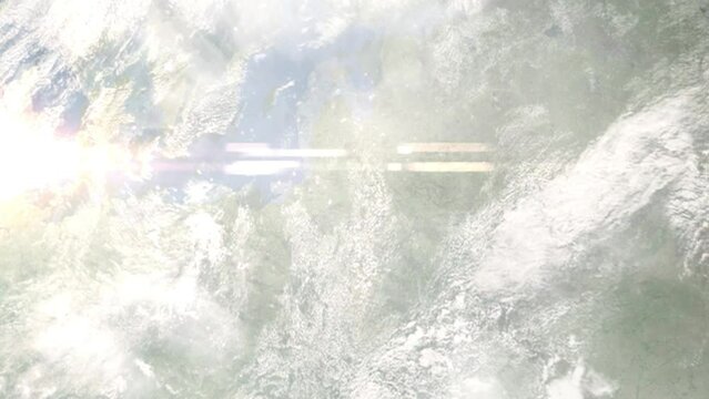 Earth zoom in from outer space to city. Zooming on Marijampole, Lithuania. The animation continues by zoom out through clouds and atmosphere into space. Images from NASA
