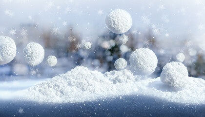 Fototapeta na wymiar Winter snow background. Blurred bokeh background. Snowy winter scene with snow balls. 3D illustration.