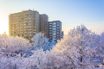 Snowy winter snow and ice landscape panorama view Bremerhaven Germany.