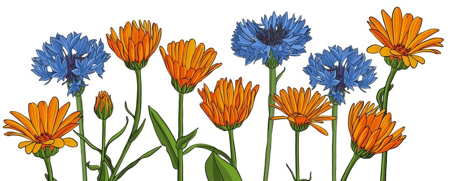 flowers of blue cornflower and pot marigold, vector drawing wild plant at white background , hand drawn botanical illustration