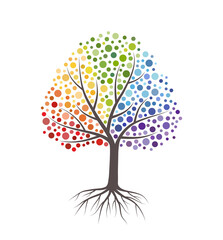 Abstract tree with roots and colorful  leaves. Isolated on white background. Flat style, vector illustration.