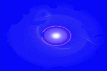 abstract cosmic background vector illustration with shining star with light effects of flare, halo, outburst of energy rays and rainbow, deep space in violet, purple and dark blue color