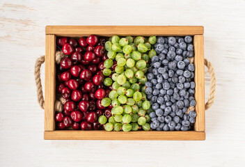 Bunch of cherries, blueberries and green gooseberries. Background from seasonal ripe berries. View from above