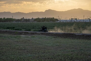 View of a driving go-kart in field on a summer evening in Phoenix - obrazy, fototapety, plakaty