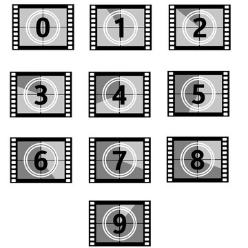 set a classic film countdown frame at the number one, two,three,four,five,six,seven,eight and nine. film countdown sign. movie timer count symbol.