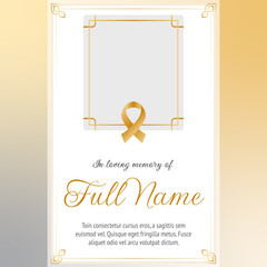 funeral card template with golden ribbon and photo frame