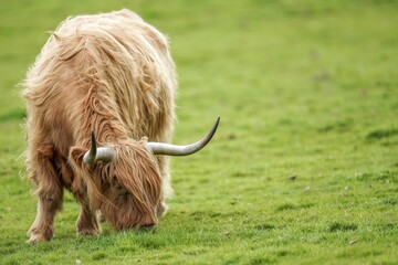 Closeup of a highland cattle grazing on a pasture