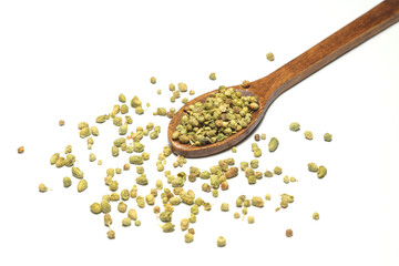 Heap of Dry thyme in wooden spoon isolated on white background. Dried spice concept