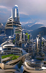 futuristic city skyline at night on alien planet, digital painting