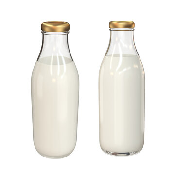 Two glass bottles of milk on a white background, 3d render