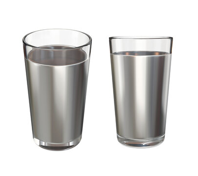 Two glass glasses with silver liquid on a white background, 3d render