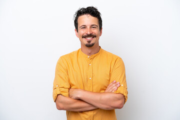 Young man with moustache isolated on white background keeping the arms crossed in frontal position