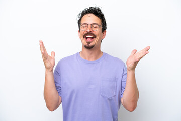 Young man with moustache isolated on white background smiling a lot