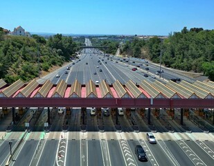 High-angle shot of cars parked on the gas station on the 25th April bridge
