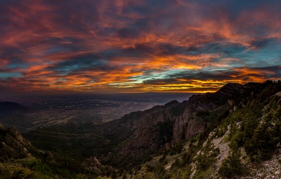 Breathtaking sunset view over Albuquerque, New Mexico from the Sandia Peak Tramway