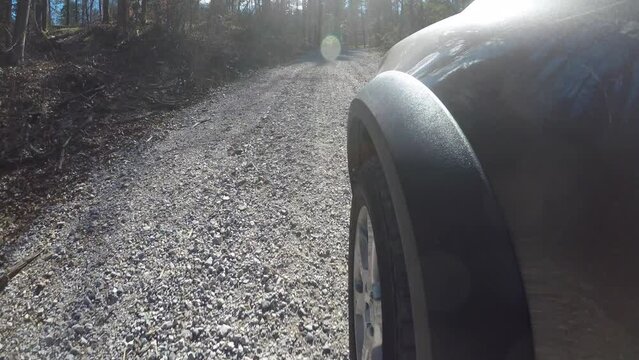 Closeup of a car wheel moving on the road in a forest