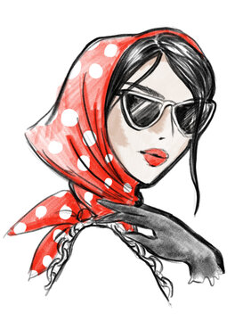 Digital pastel fashion illustration. Beautiful woman model with glasses