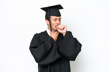 Young university graduate man isolated on white background is suffering with cough and feeling bad