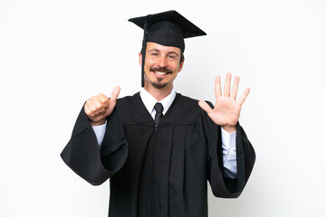 Young university graduate man isolated on white background counting six with fingers