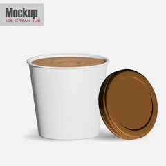 round glossy ice cream cup. Photo-realistic packaging mockup template with sample design. 3d illustration. White round matte ice cream cup. Photo-realistic packaging mockup template. 