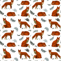 Foxes in different poses and from different angles. Seamless pattern of foxes with branches and leaves. Vector illustration