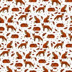 Foxes in different poses and from different angles. Seamless pattern of foxes with leaves in autumn. Vector illustration