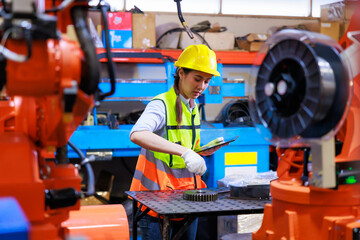 Female industrial factory engineer and technician worker wearing safety vest and hard hat helmet use laptop computer working. Metal lathe industrial manufacturing factory. Opertor automation robot