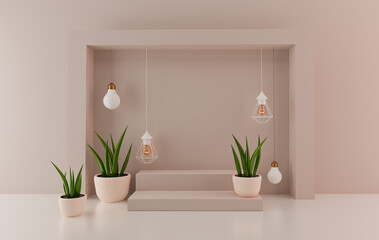 Exterior mockup with white ceiling metal lamp, light bulb, green flower pot. Empty grey wall. Light sources, floodlight. loft minimal concept. 3d render image