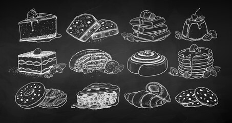 Chalk vector illustrations set of desserts and bakery