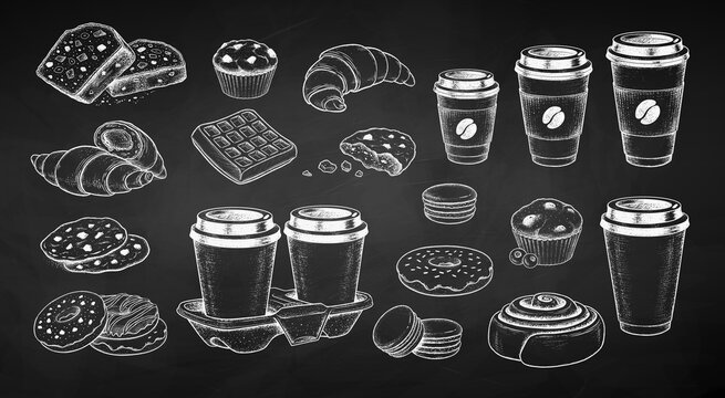 Chalk drawn set of to go Coffee and sweet food