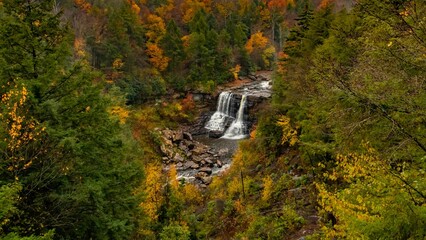 Aerial view of Blackwater Falls with the autumn forest around  in State Park in West Virginia