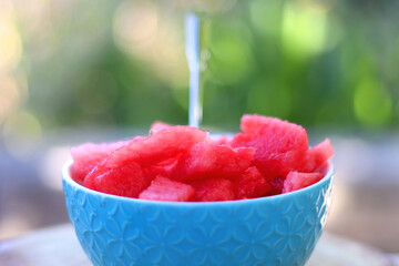 Bowl of cut watermelon pieces, served in the garden. Selective focus.