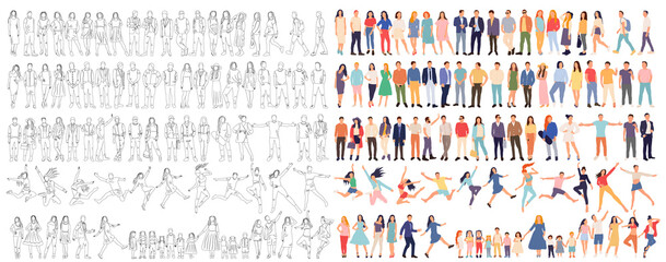 set of people, sketch, in flat style, isolated, vector