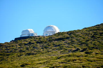 International space observatory and telescopes on La Palma island located on highest mountain range Roque de los muchachos, sunny day, Canary islands, Spain