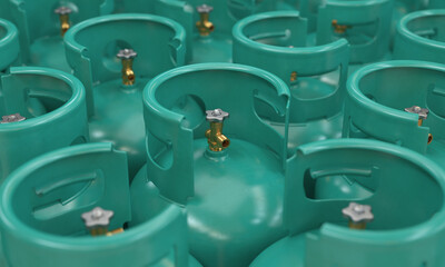 Turquoise gas cylinders close-up, 3d render