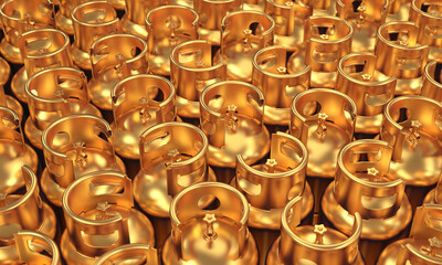 Lots of gold gas cylinders , 3d render
