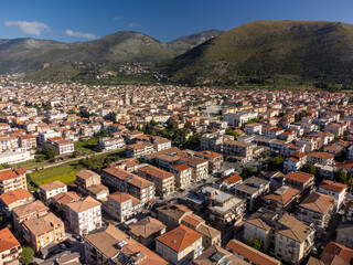 Aerial view on houses and streets of Fondi, town in agricultural valley between Terracina and Sperlonga, Italy