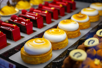 Austrian desserts, different types of chocolate and fruit cakes in traditional bakery cafe in Vienna.