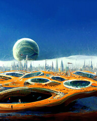 Futuristic City skyline at night, space base on alien planet, digital painting