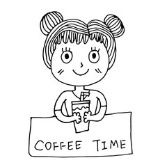 Cute girl hold ice coffee glass , cartoon doodle hand draw black line on white background
