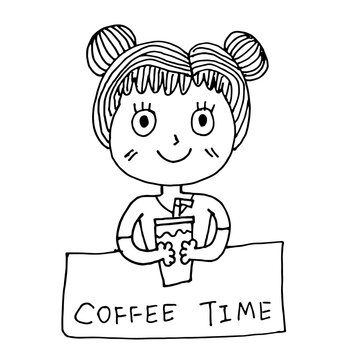 Cute girl hold ice coffee glass , cartoon doodle hand draw black line on white background