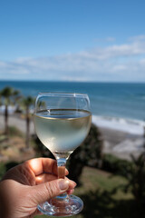 Hand with glass of Spanish dry white wine on beach terrace with view on Mediterranean sea