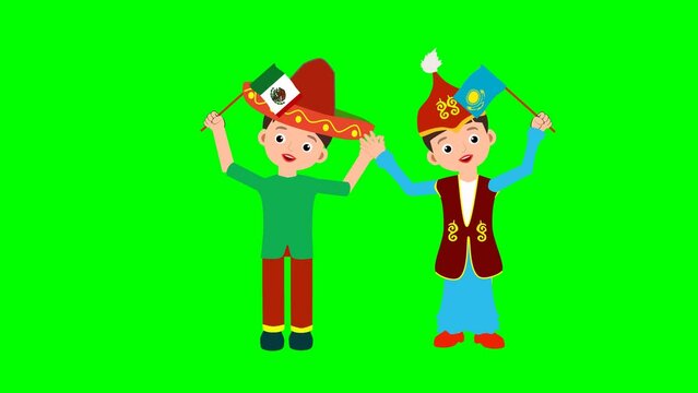  boy in Mexican clothes and a girl in Kazakh national clothes, waving flags 2d animation green screen