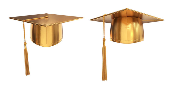 A set of gold graduation caps on a white background, 3d render